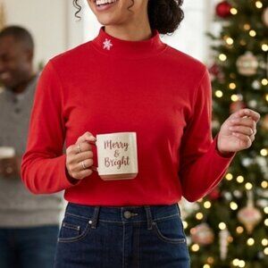 Westbound Size Petite Medium Red Mock Neck Snowflake Lond Sleeve Holiday Top